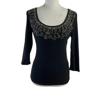 Faith Black Beaded Rhinestone Jem Ribbed Shirt Blouse Size Medium 100% Cotton